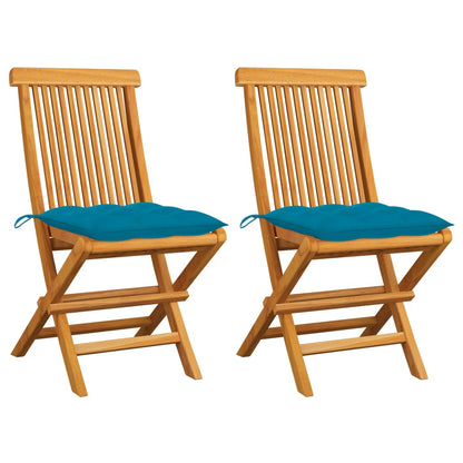 Chaises de jardin lot de 2 avec coussins bleu clair Teck massif