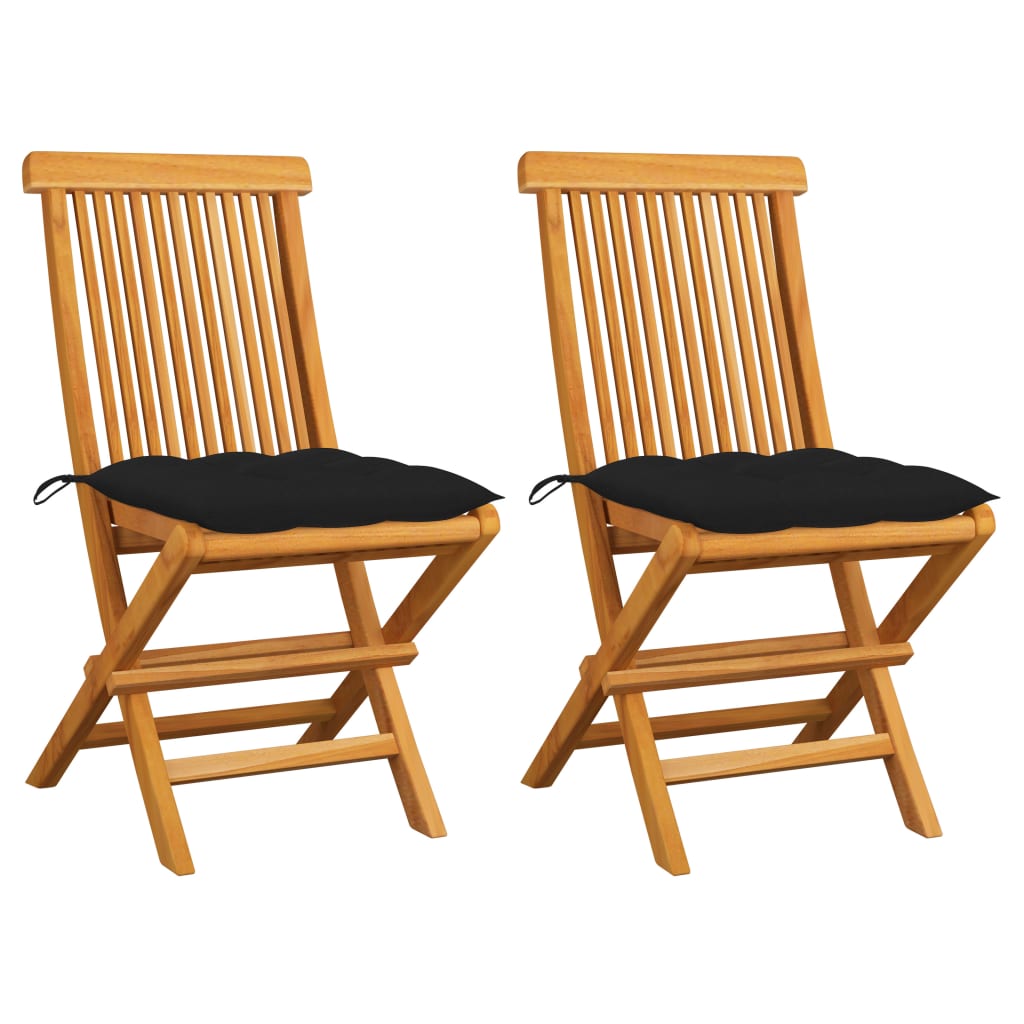 Chaises de jardin et coussins noir lot de 2 Bois de teck massif