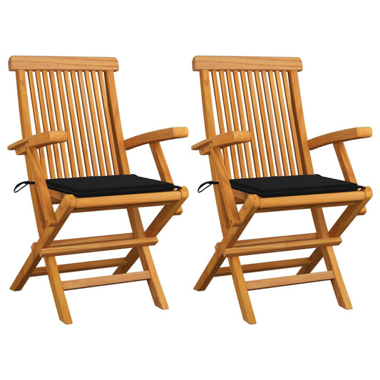 Chaises de jardin et coussins noir lot de 2 Bois de teck massif