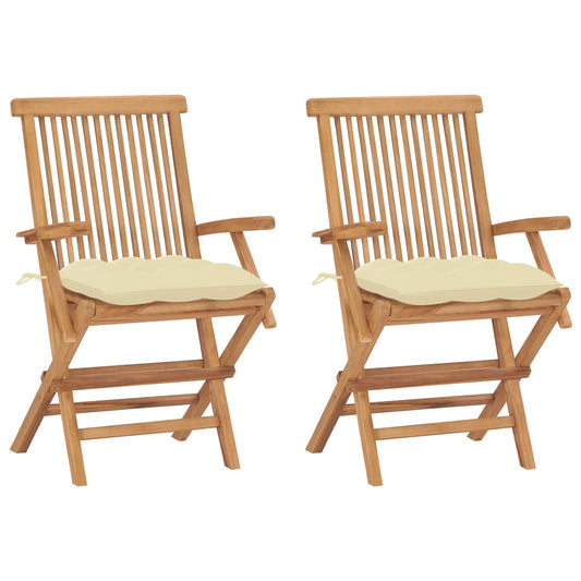 Chaises de jardin lot de 2 et coussins blanc crème Teck massif