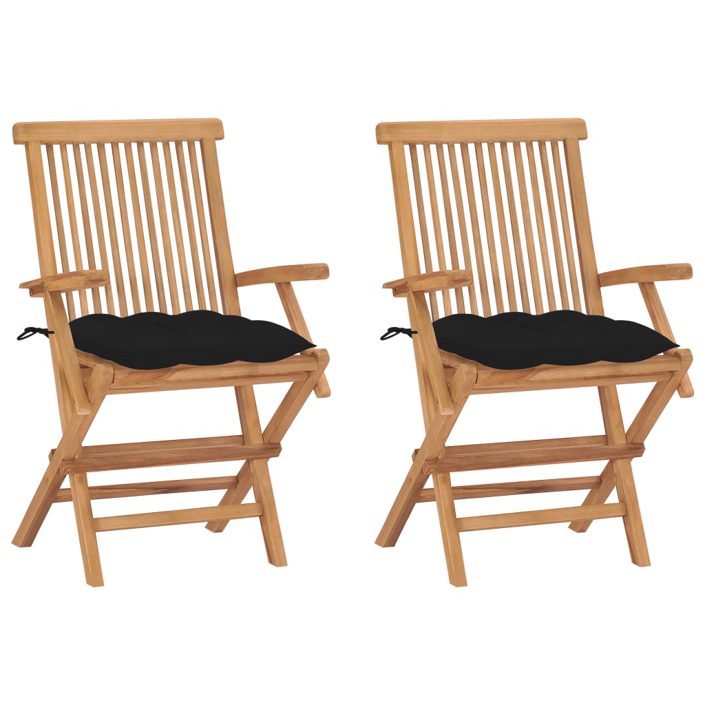 Chaises de jardin avec coussins noir lot de 2 Bois teck massif