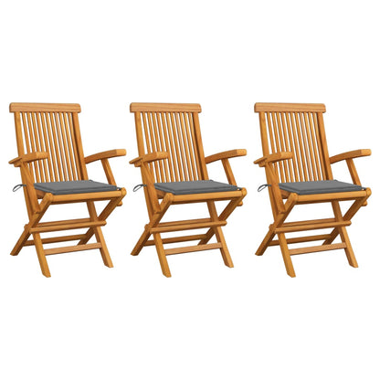 Chaises de jardin avec coussins gris lot de 3 Bois teck massif