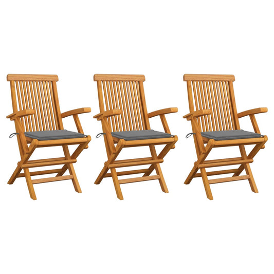 Chaises de jardin avec coussins gris lot de 3 Bois teck massif