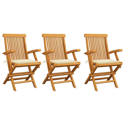 Chaises de jardin avec coussins crème lot de 3 Bois teck massif