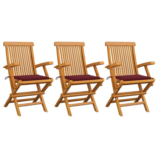 Chaises de jardin avec coussins rouge bordeaux lot de 3 Teck