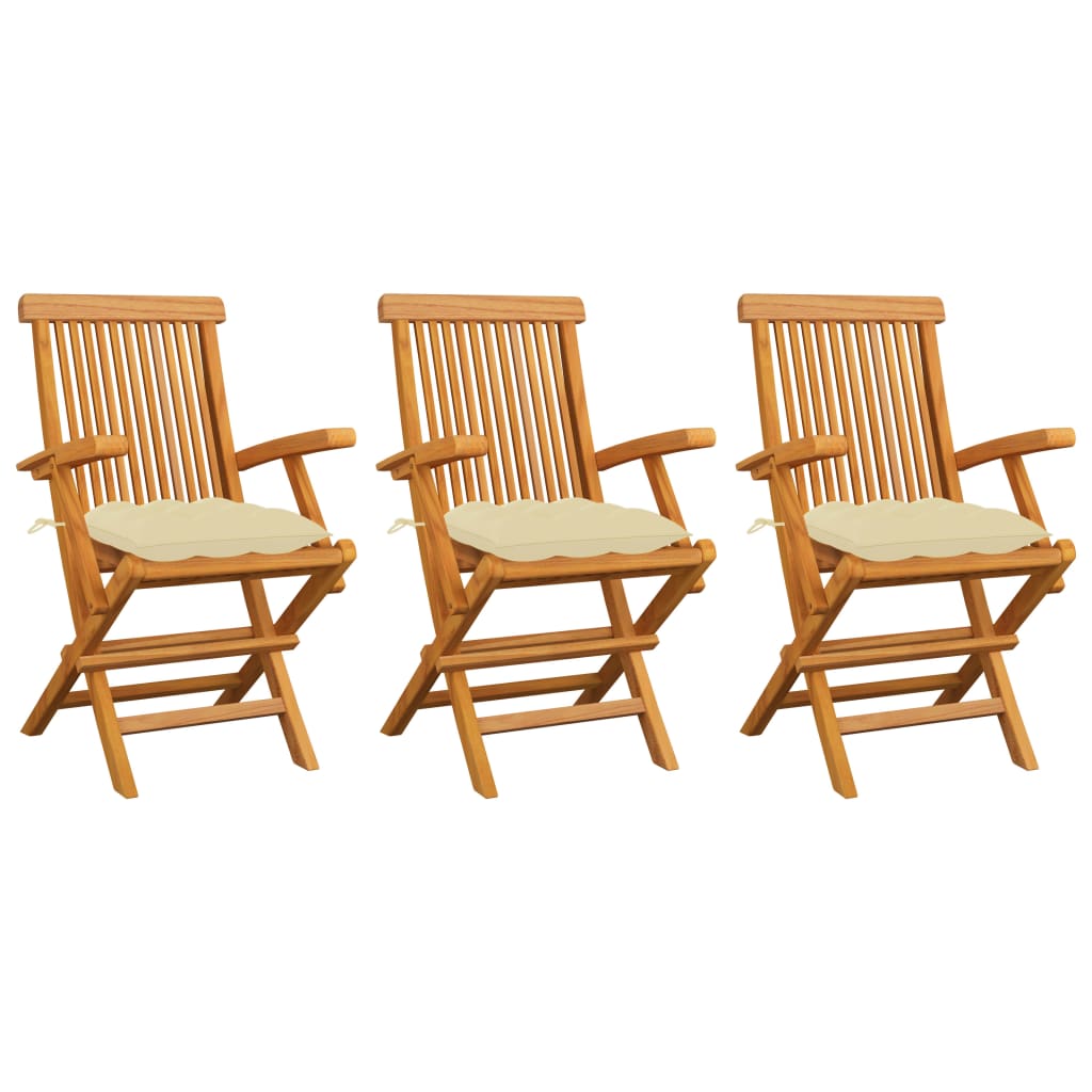 Chaises de jardin et coussins blanc crème lot de 3 Teck massif