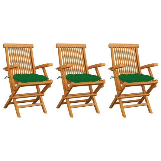 Chaises de jardin avec coussins vert lot de 3 Bois teck massif