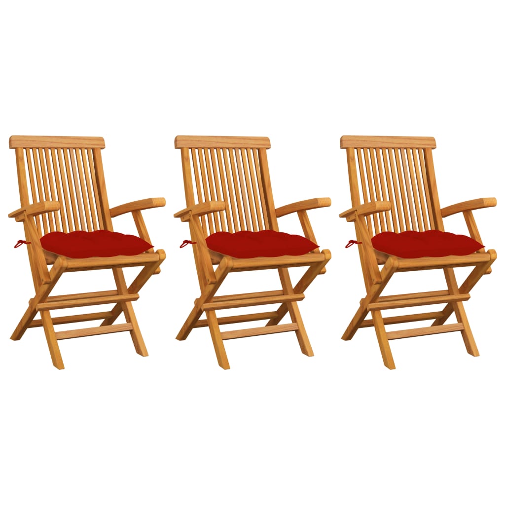 Chaises de jardin avec coussins rouge lot de 3 Bois teck massif