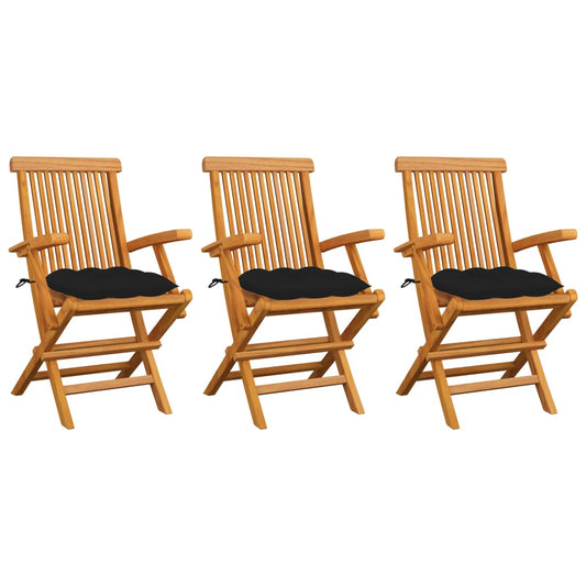 Chaises de jardin avec coussins noir lot de 3 Bois teck massif