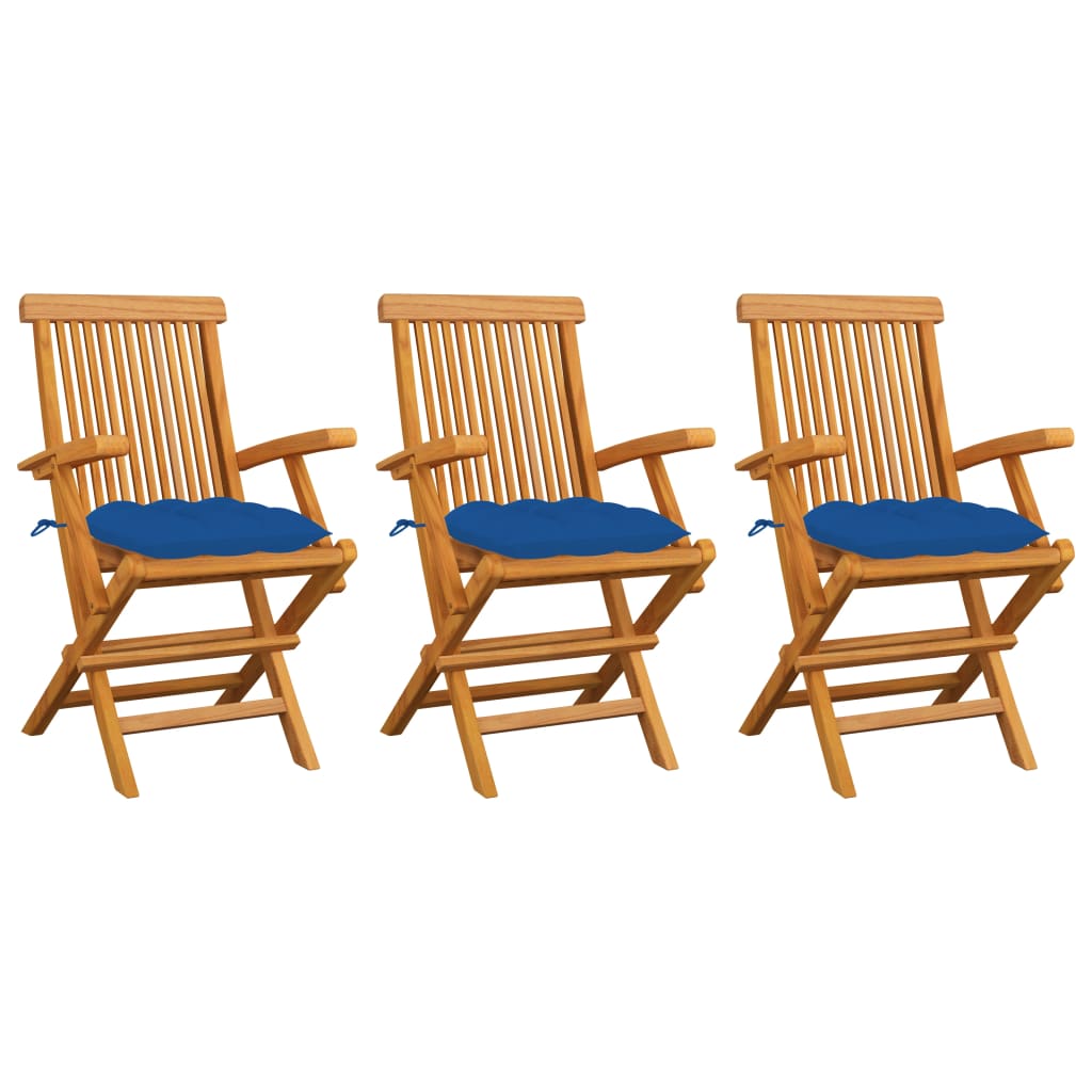 Chaises de jardin avec coussins bleu lot de 3 Bois teck massif