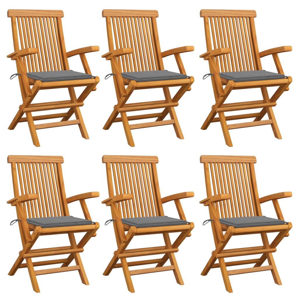 Chaises de jardin avec coussins gris lot de 6 Bois teck massif