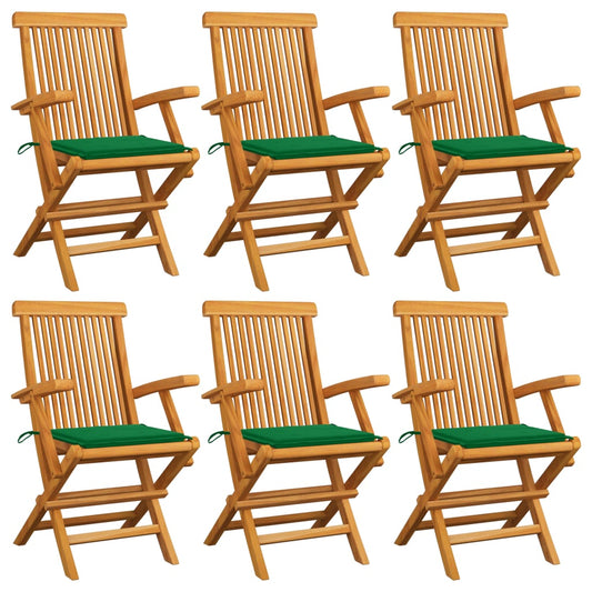 Chaises de jardin avec coussins vert lot de 6 Bois teck massif