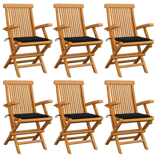 Chaises de jardin avec coussins noir lot de 6 Bois teck massif