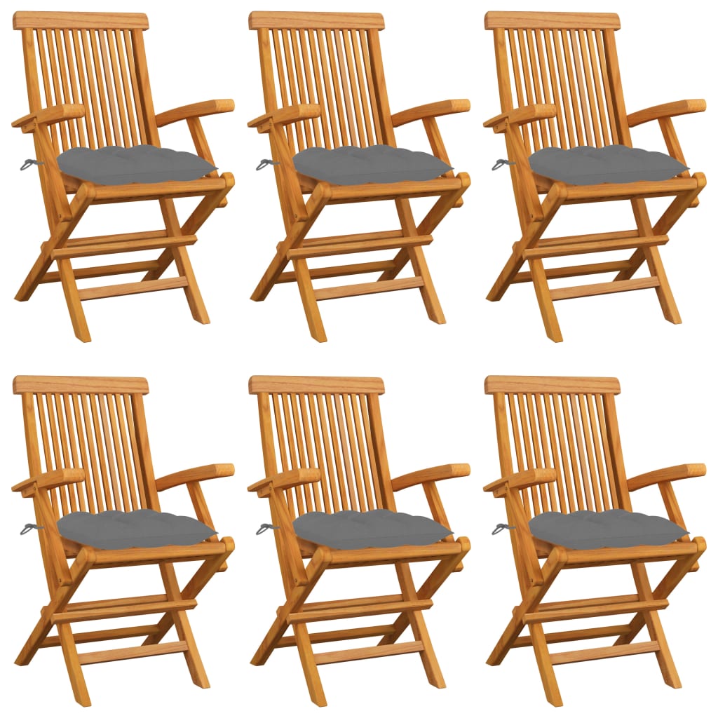 Chaises de jardin avec coussins gris lot de 6 Bois teck massif