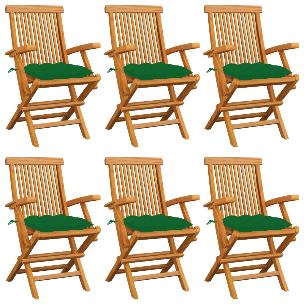 Chaises de jardin avec coussins vert lot de 6 Bois teck massif