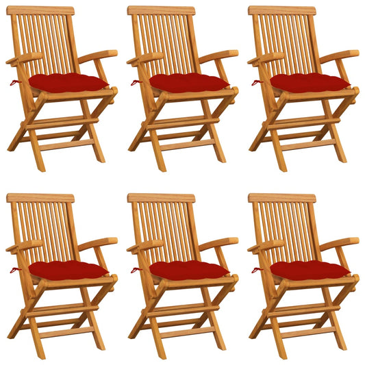 Chaises de jardin avec coussins rouge lot de 6 Bois teck massif