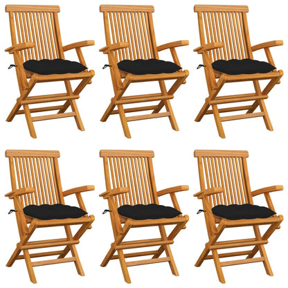 Chaises de jardin avec coussins noir lot de 6 Bois teck massif