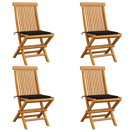 Chaises de jardin et coussins noir lot de 4 Bois de teck massif