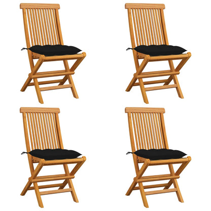 Chaises de jardin et coussins noir lot de 4 Bois de teck massif