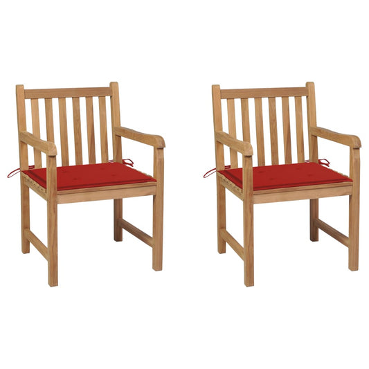 Chaises de jardin lot de 2 et coussins rouge Bois teck massif