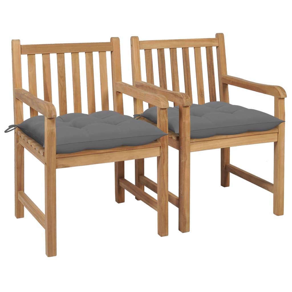 Chaises de jardin lot de 2 et coussins gris Bois de teck massif