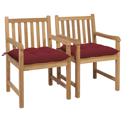 Chaises de jardin lot de 2 avec coussins bordeaux Teck massif