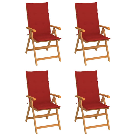 Chaises de jardin lot de 4 avec coussins rouge Bois teck massif