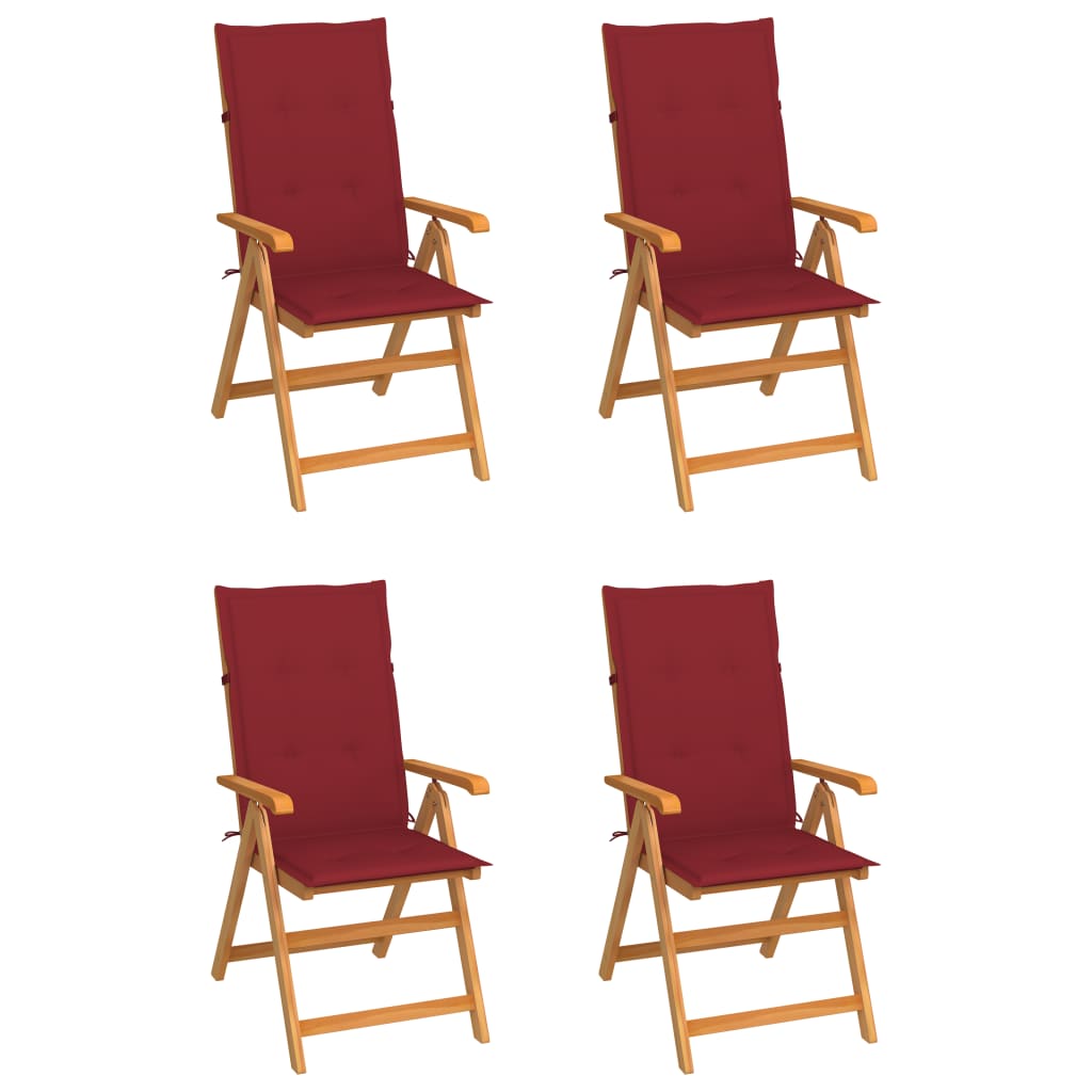 Chaises de jardin lot de 4 avec coussins bordeaux Teck solide