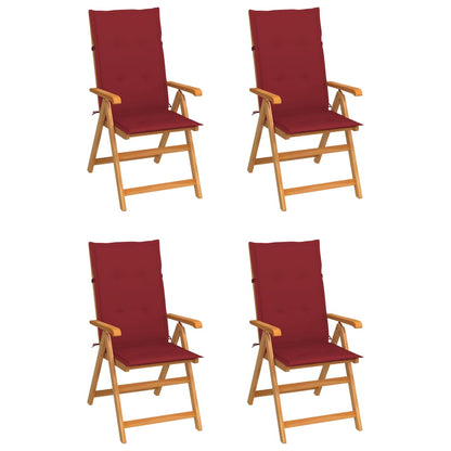 Chaises de jardin lot de 4 avec coussins bordeaux Teck solide