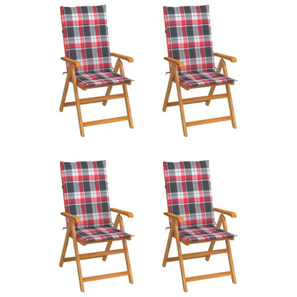 Chaises de jardin lot de 4 et coussins à carreaux rouge Teck