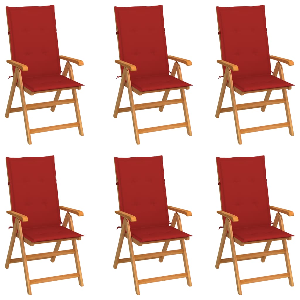 Chaises de jardin lot de 6 avec coussins rouge Bois teck massif