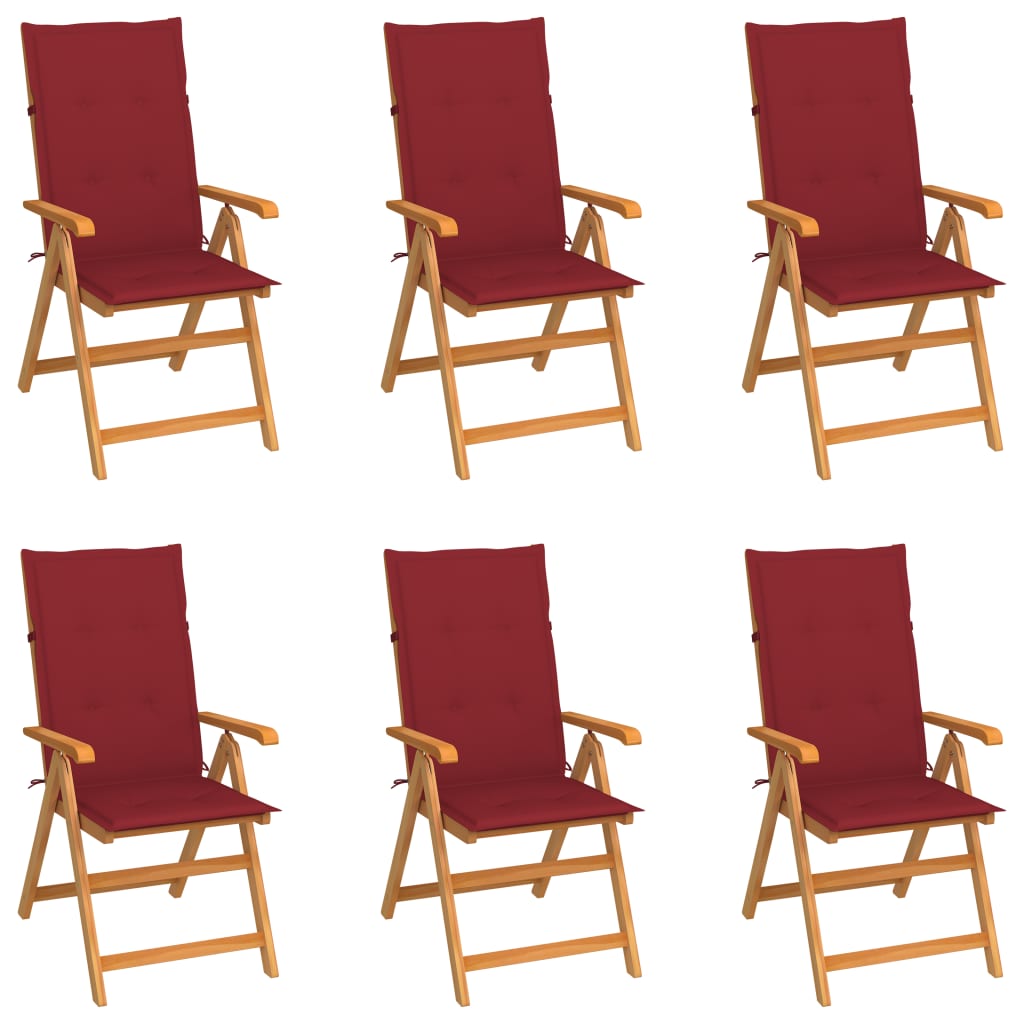 Chaises de jardin lot de 6 avec coussins bordeaux Bois de teck