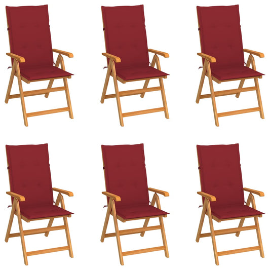 Chaises de jardin lot de 6 avec coussins bordeaux Bois de teck