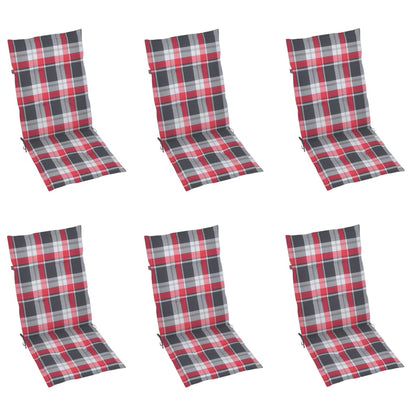 Chaises de jardin lot de 6 et coussins carreaux rouge Bois teck