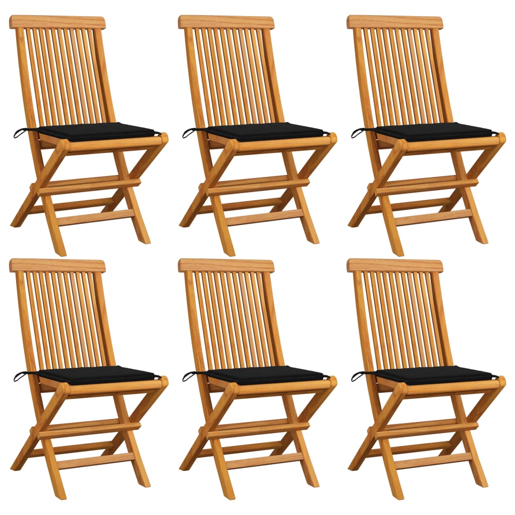 Chaises de jardin et coussins noir lot de 6 Bois de teck massif