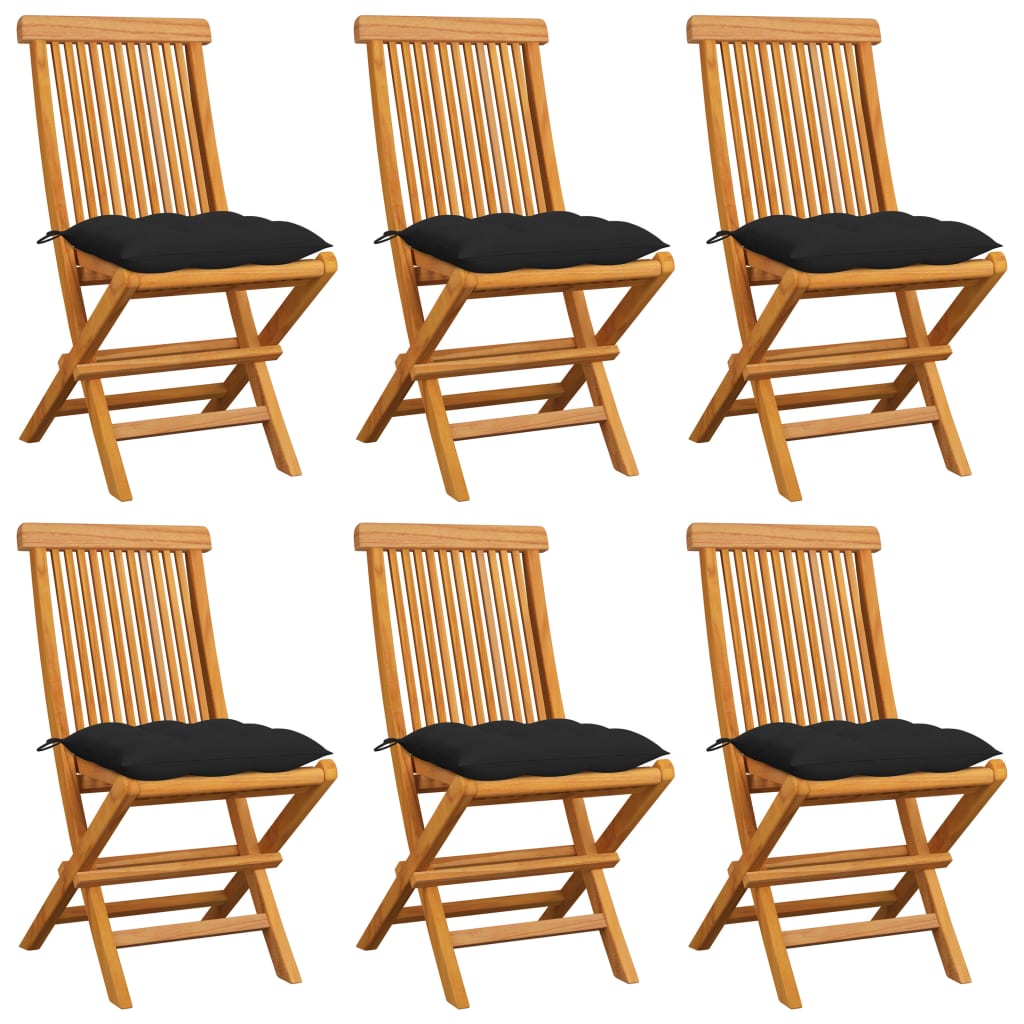 Chaises de jardin et coussins noir lot de 6 Bois de teck massif