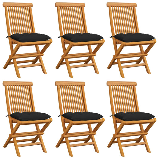 Chaises de jardin et coussins noir lot de 6 Bois de teck massif