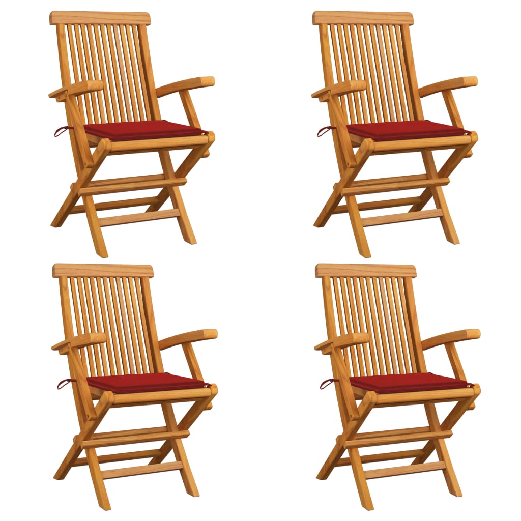 Chaises de jardin et coussins rouge lot de 4 Bois teck massif