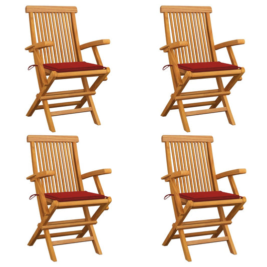 Chaises de jardin et coussins rouge lot de 4 Bois teck massif