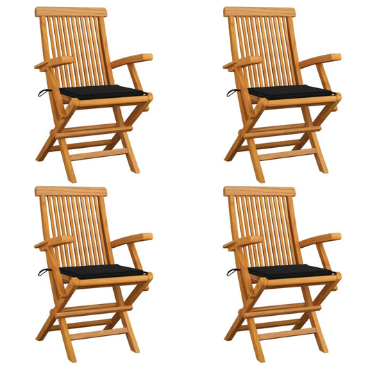 Chaises de jardin et coussins noir lot de 4 Bois de teck massif