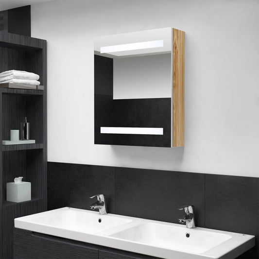 Armoire de salle de bain à miroir à LED blanc et chêne