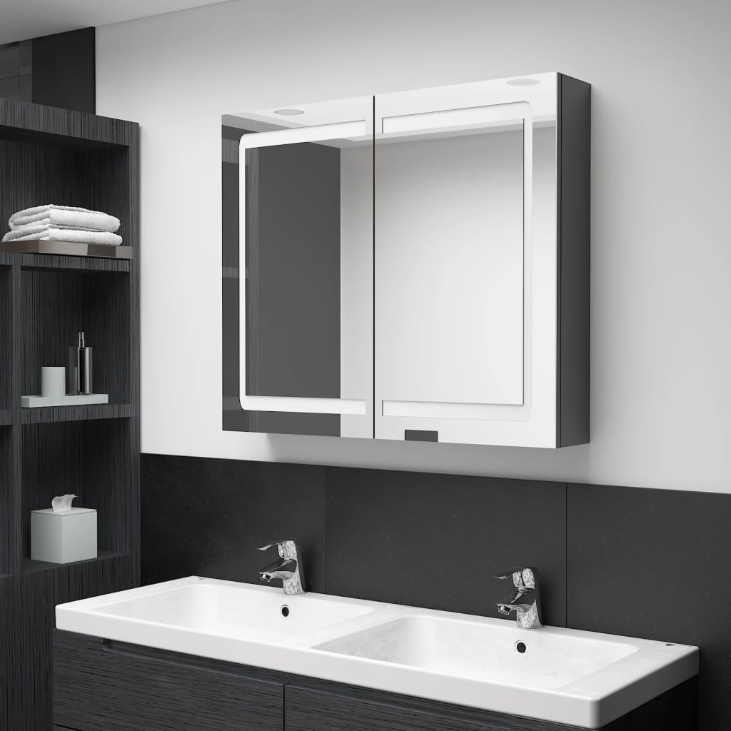 Armoire de salle de bain à miroir LED Gris brillant 80x12x68 cm