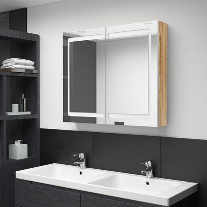 Armoire de salle de bain à miroir à LED Blanc et chêne