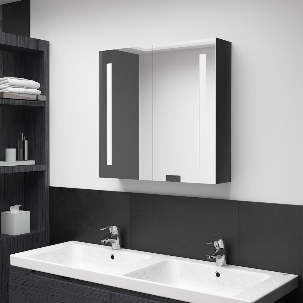 Armoire de salle de bain à miroir LED noir brillant 62x14x60 cm