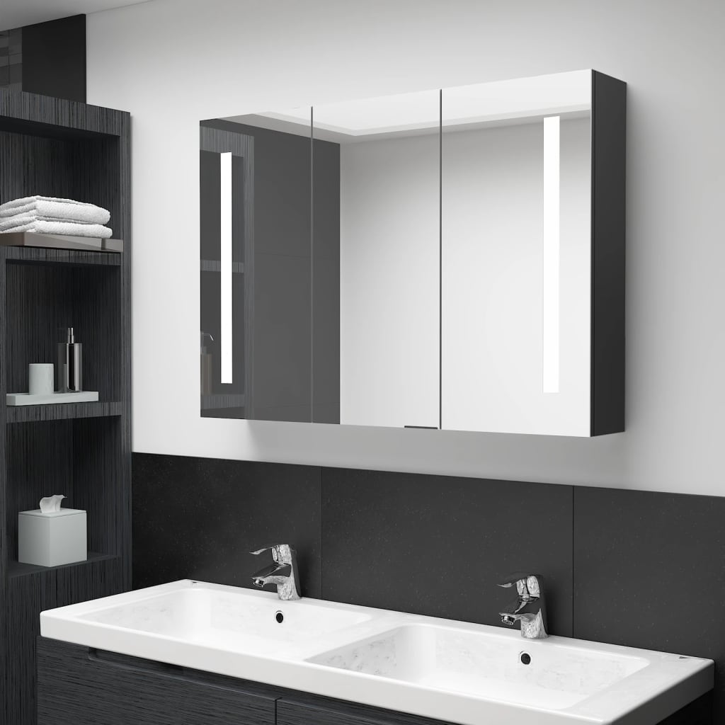 Armoire de salle de bain à miroir LED 89x14x62 cm noir brillant