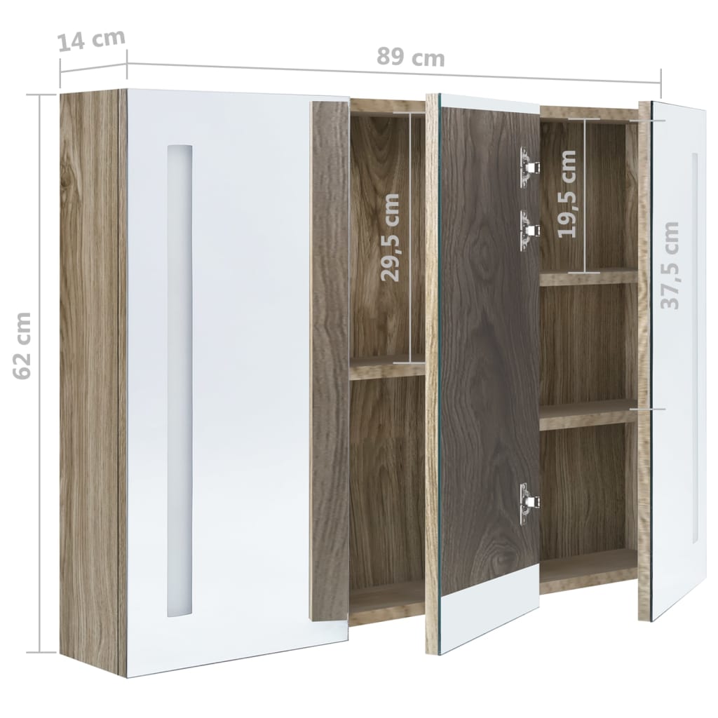 Armoire de salle de bain à miroir LED 89x14x62 cm chêne