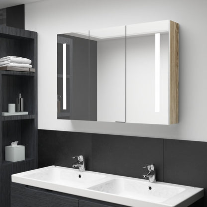 Armoire de salle de bain à miroir LED 89x14x62cm blanc et chêne