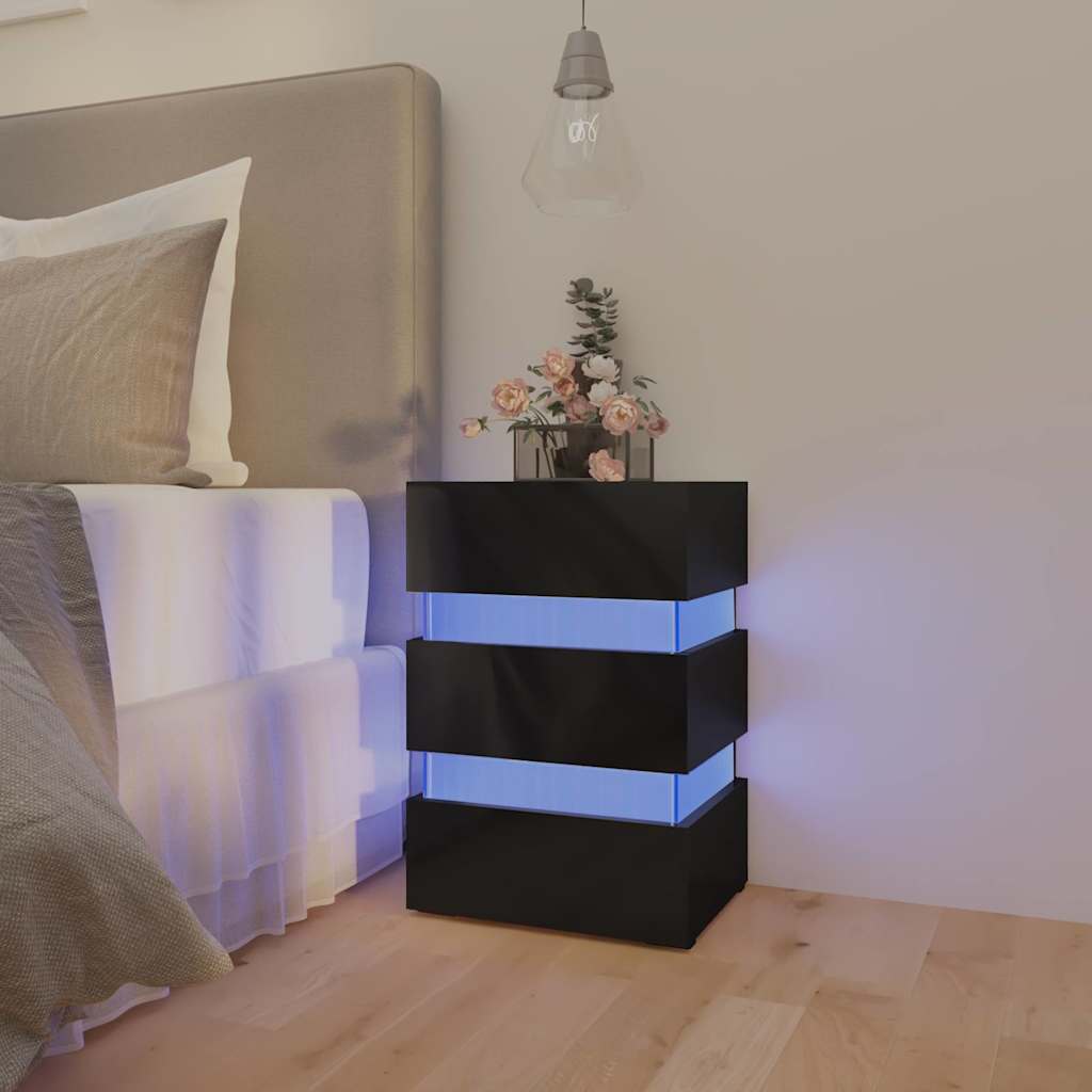 Table de chevet à LED noir brillant 45x35x67 cm bois ingénierie