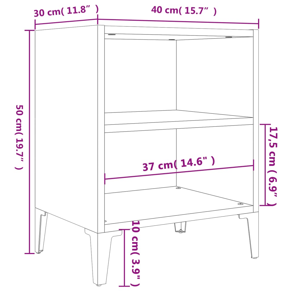 Table de chevet avec pieds en métal blanc brillant 40x30x50 cm