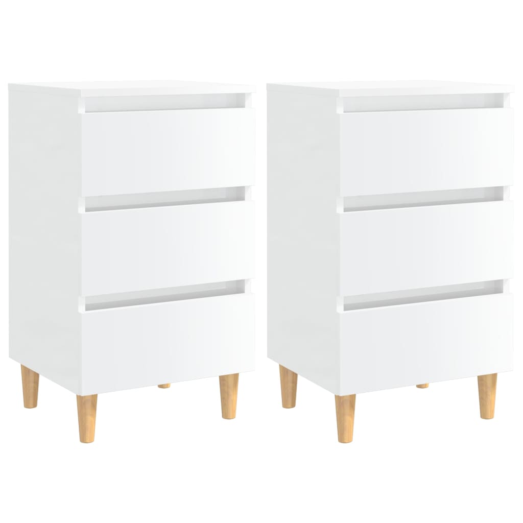 Tables de chevet pieds en bois 2 pcs blanc brillant 40x35x69 cm